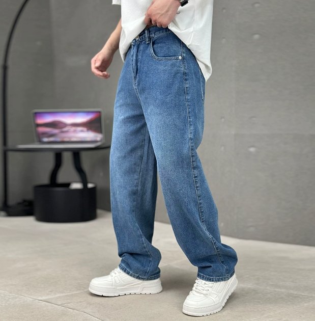 Men's Straight Leg Denim Pants with Wide Leg Cut Side