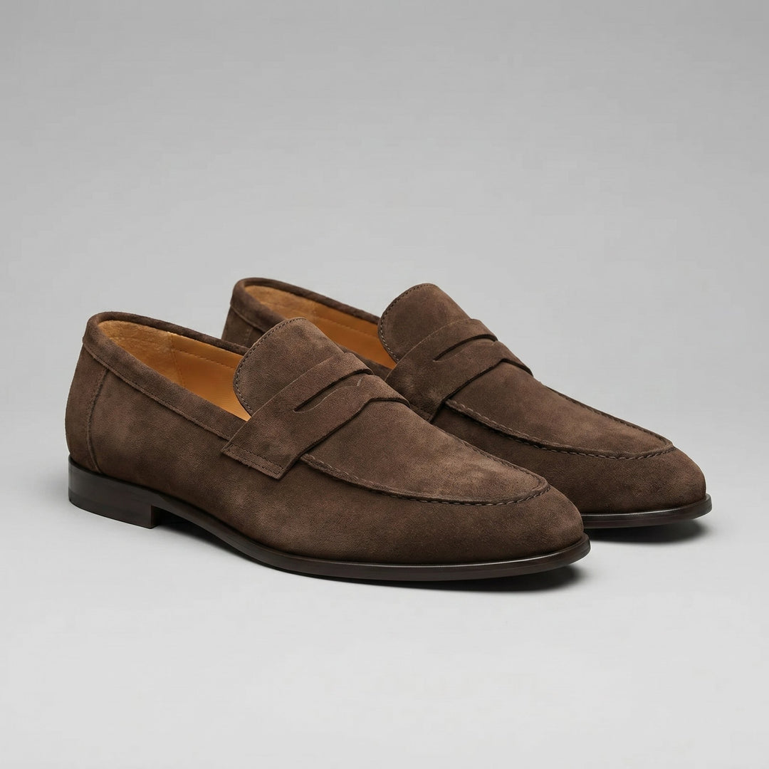 Men's Suede Penny Loafers with Moccasin Seam Detail Hero