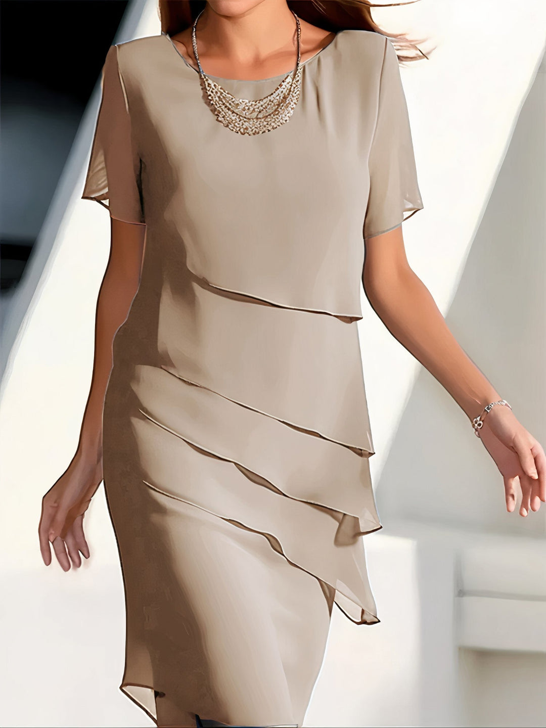 Arya | Midi Cocktail Dress with Round Neck and Tiered Skirt