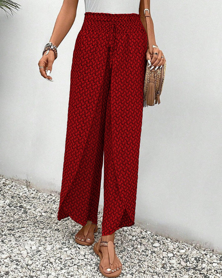 Wia | Floral Print Wide-Leg Trousers with Smocked Waist and Ditsy Print