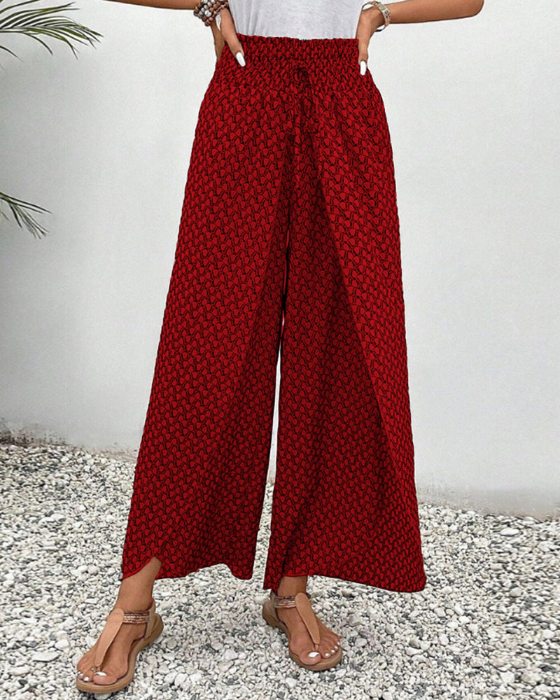 Wia | Floral Print Wide-Leg Trousers with Smocked Waist and Ditsy Print