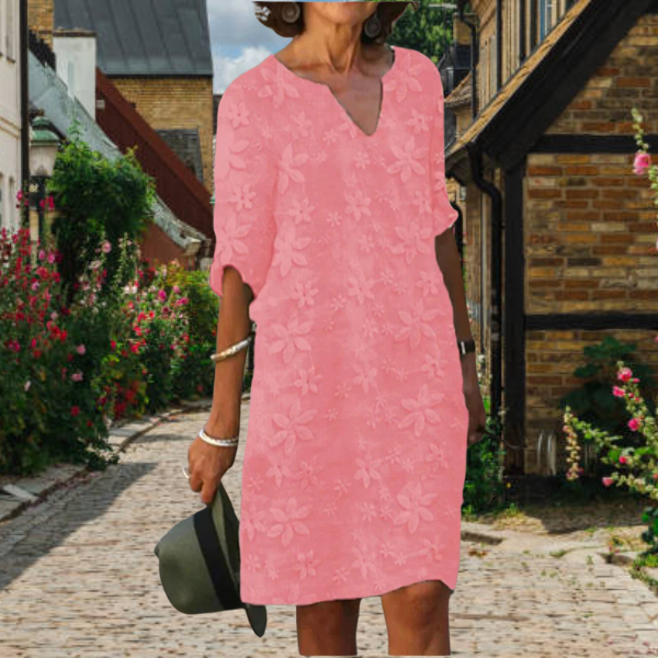 Hazel | Midi Summer Dress with V-Neck and Short Sleeves