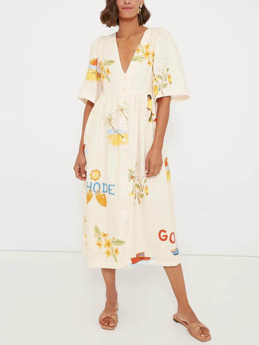 Gina | Midi Summer Dress with V-Neck and Novelty Print