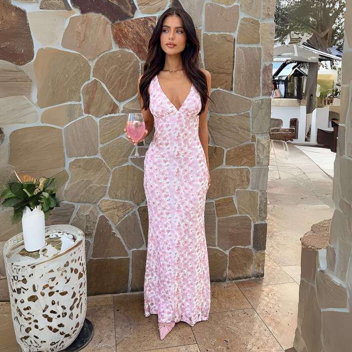 Chloe | Maxi Wedding Guest Dress with Floral Print and Open Back
