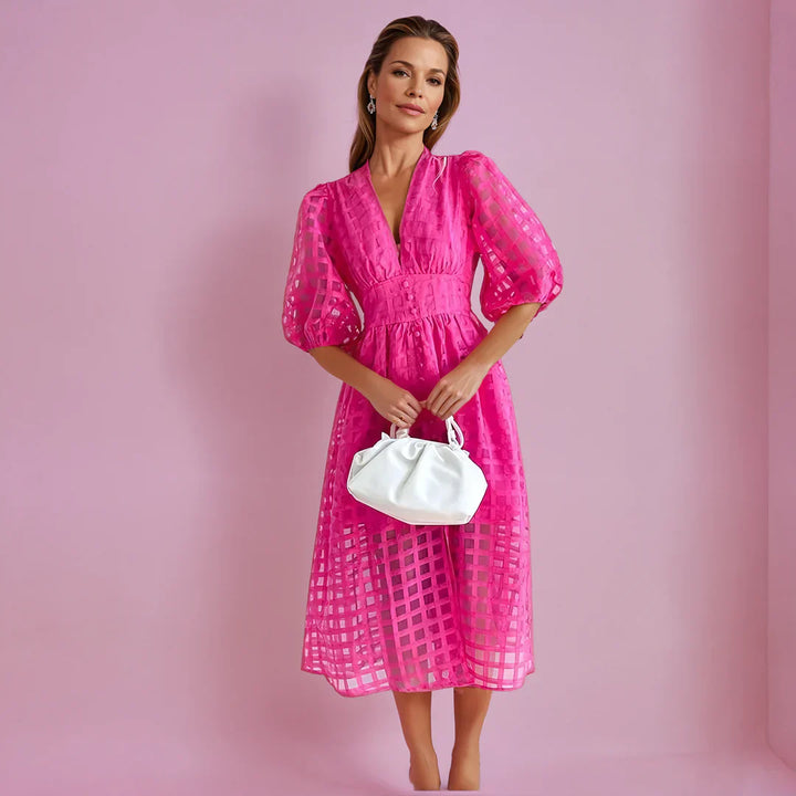 Juli | Midi Summer Dress with V-Neck and Puff Sleeves