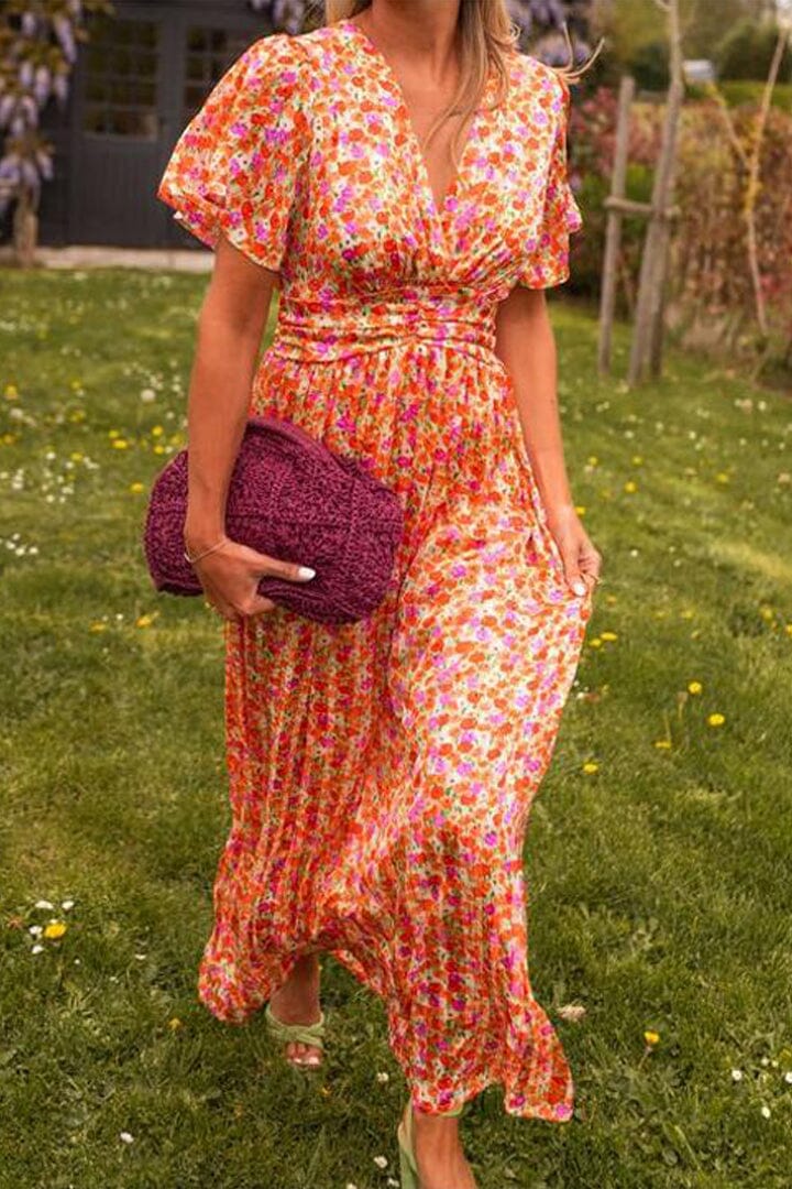 Sandra | Maxi Wedding Guest Dress with Floral Print and V-Neck