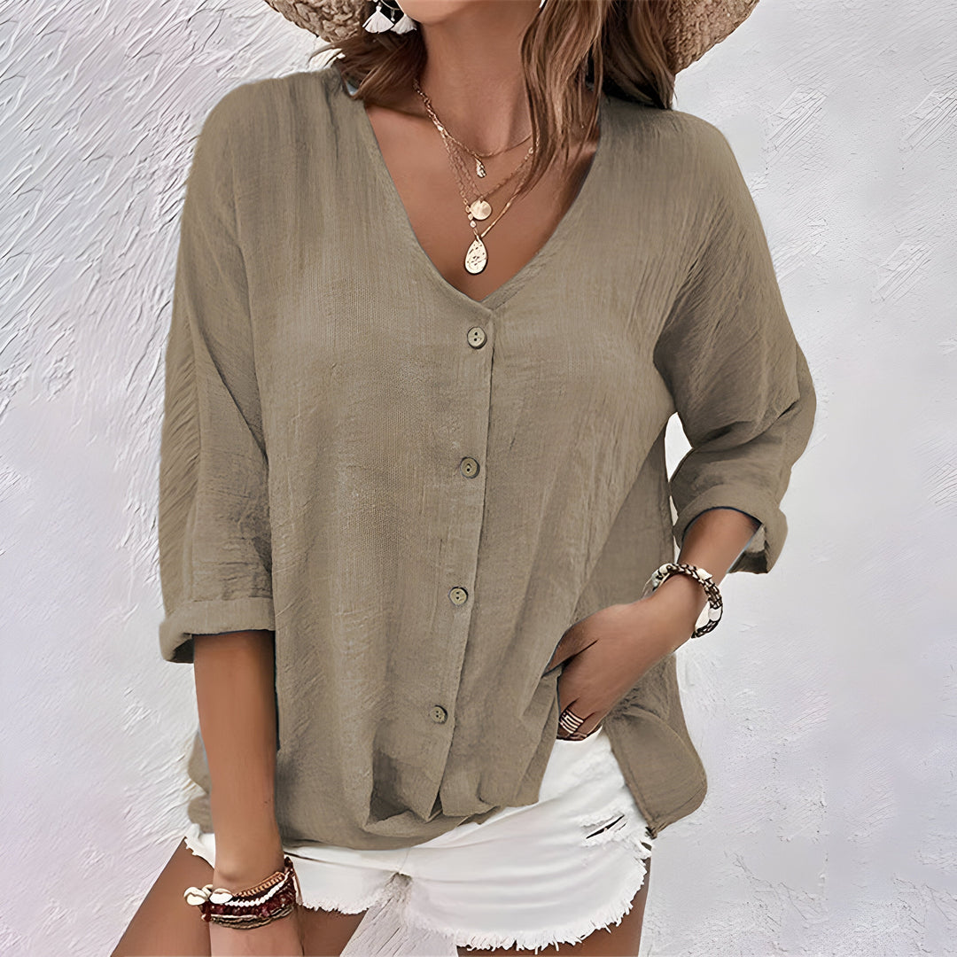 Tess | V Neck Blouse with Three Quarter Sleeves and Button Front