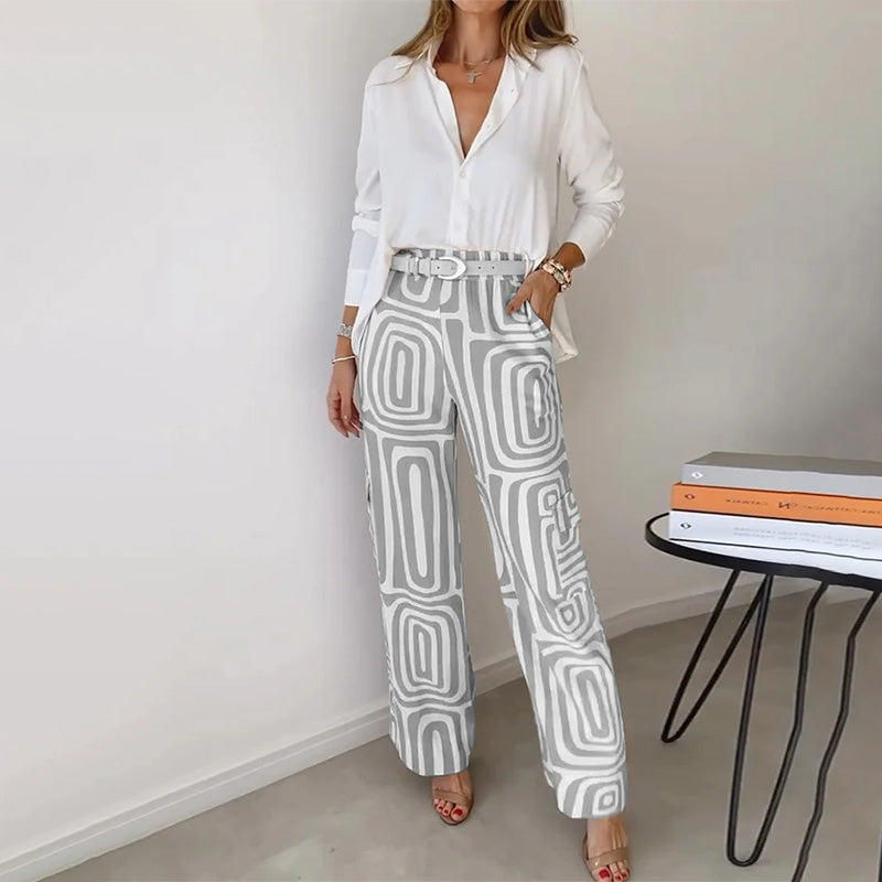 Gina | Wide Leg Trousers with Geometric Print and Straight Cut