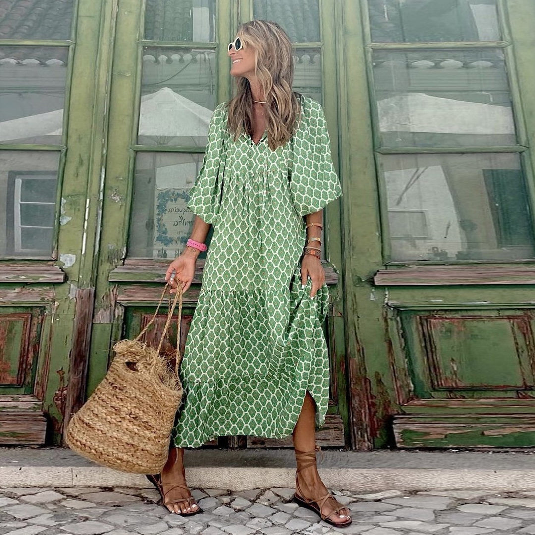 Lucy | Maxi Summer Dress with Boho Print and Puff Sleeves