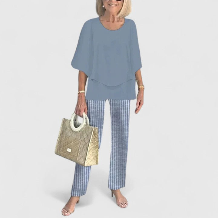 Joan | Matching Set with Leaf Print Trousers and Layered Top