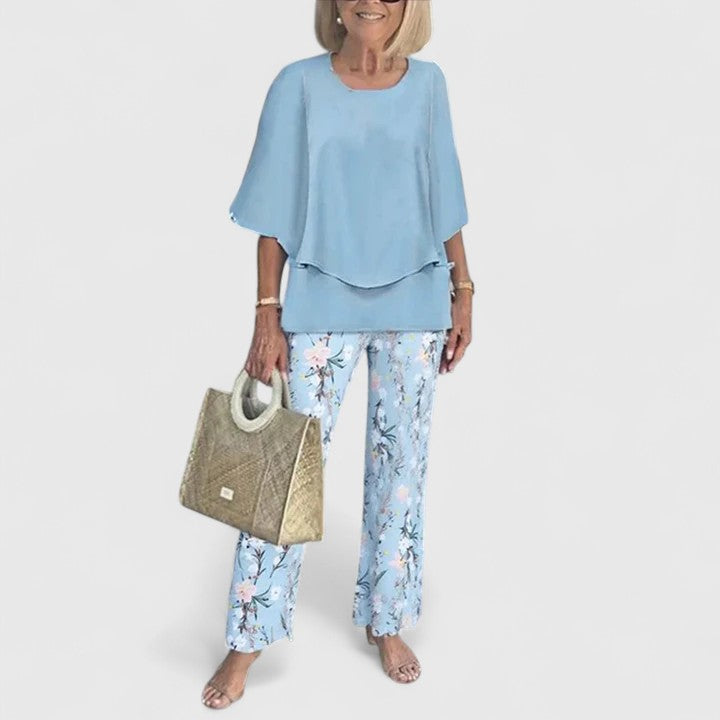 Joan | Matching Set with Leaf Print Trousers and Layered Top