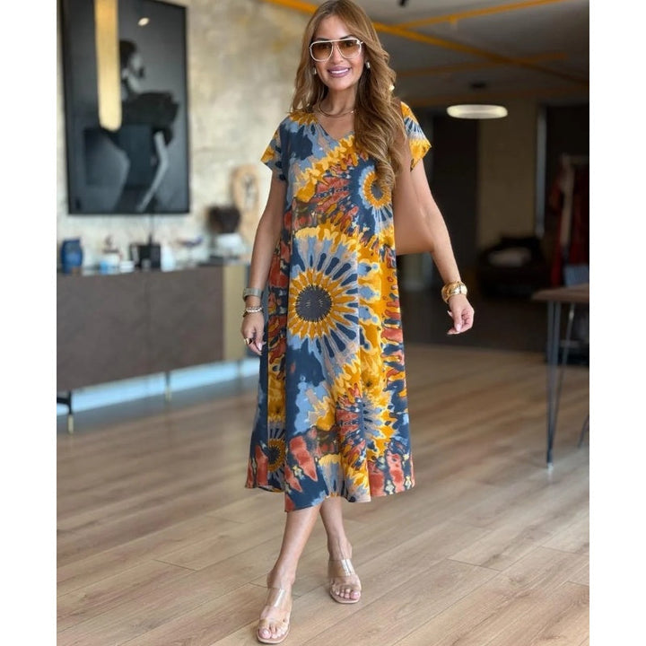 Lily | Midi Summer Dress with Sunflower Print and Short Sleeves