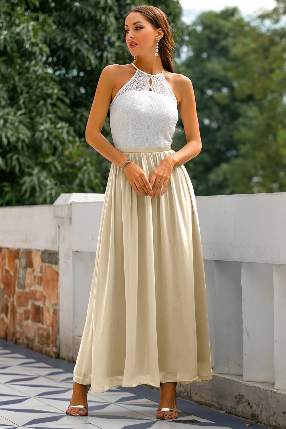 Quinn | Maxi Wedding Guest Dress with Halter Neck and Lace Bodice