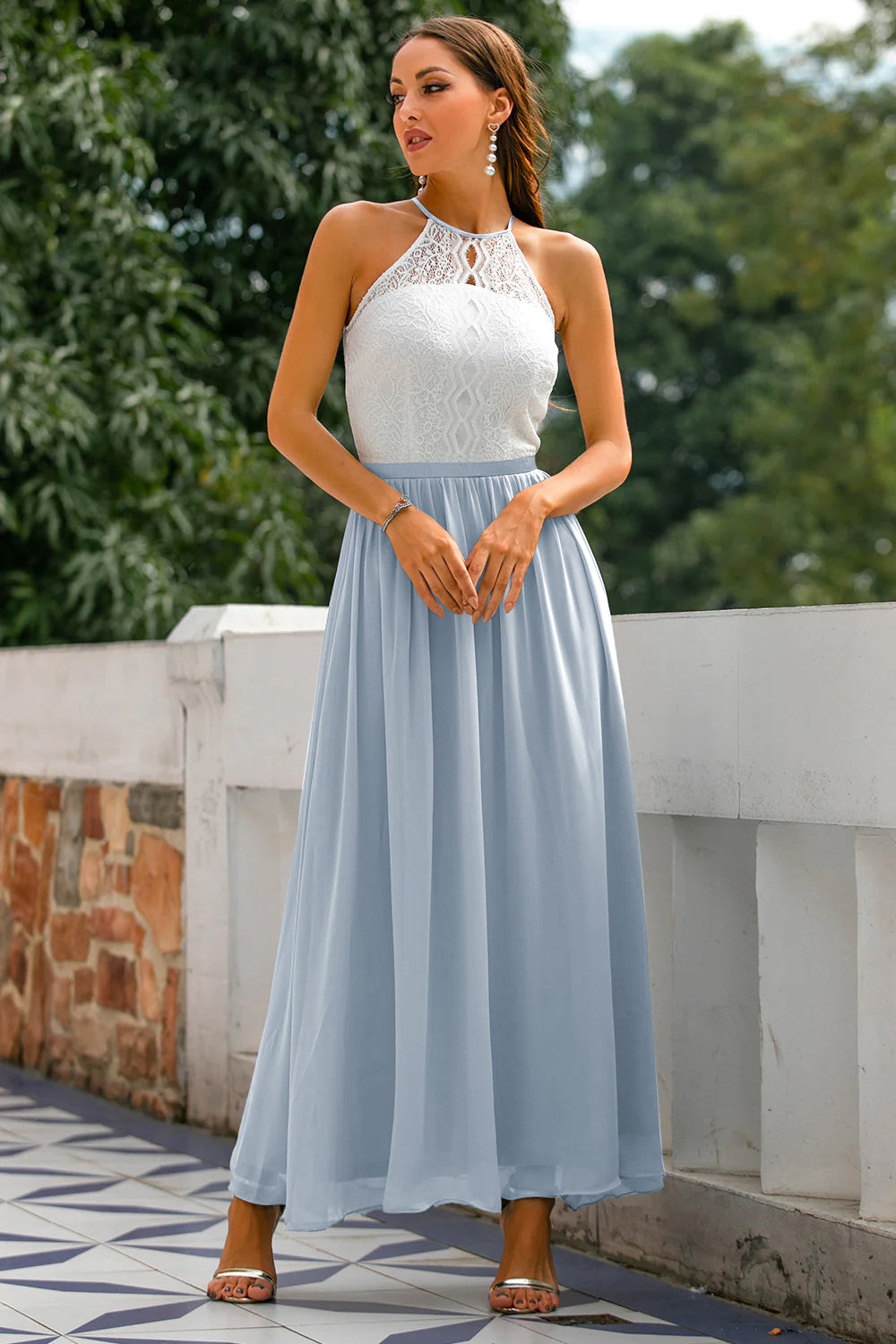 Quinn | Maxi Wedding Guest Dress with Halter Neck and Lace Bodice