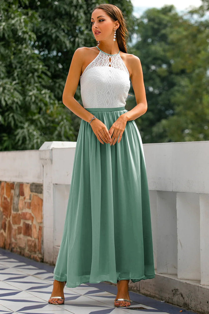 Quinn | Maxi Wedding Guest Dress with Halter Neck and Lace Bodice