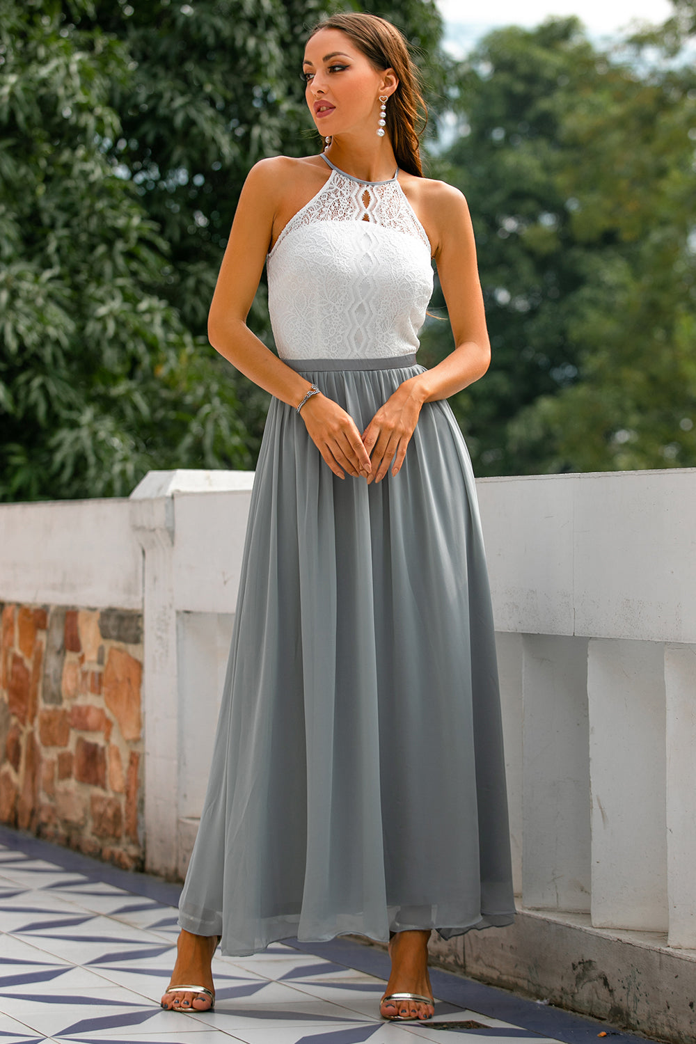 Quinn | Maxi Wedding Guest Dress with Halter Neck and Lace Bodice