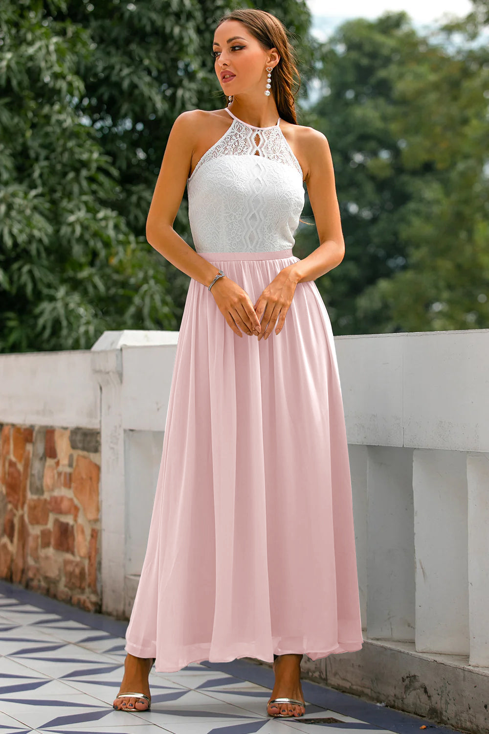 Quinn | Maxi Wedding Guest Dress with Halter Neck and Lace Bodice
