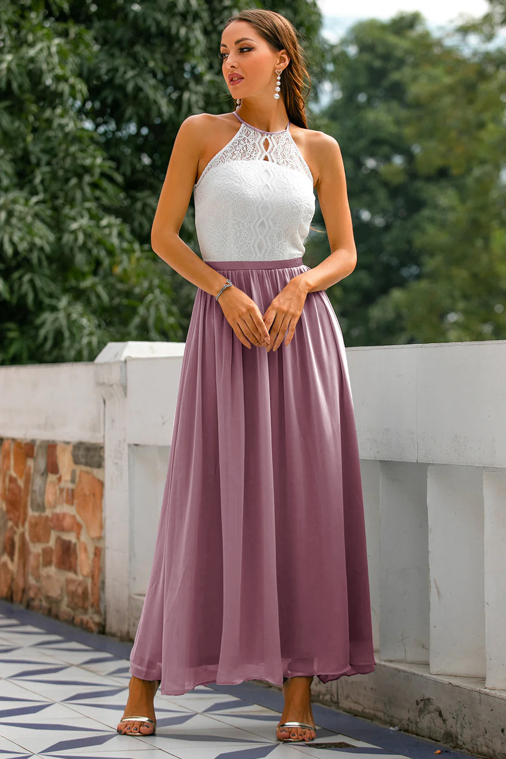 Quinn | Maxi Wedding Guest Dress with Halter Neck and Lace Bodice