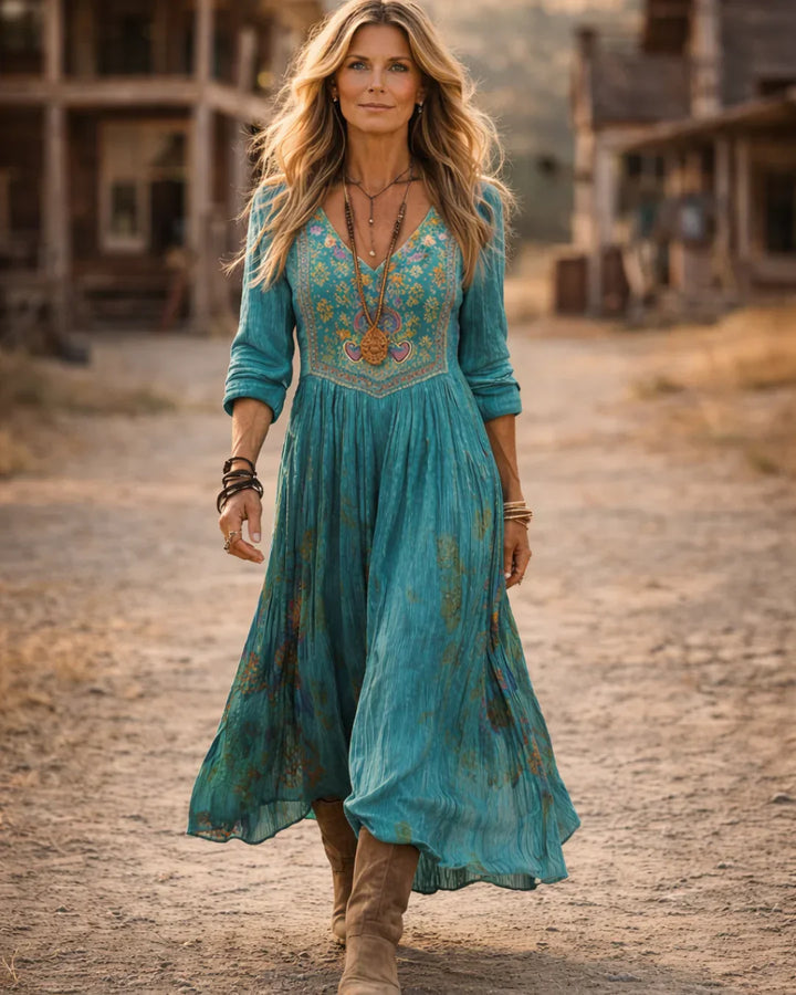 Tamara | Boho Midi Dress V-Neck Embroidered