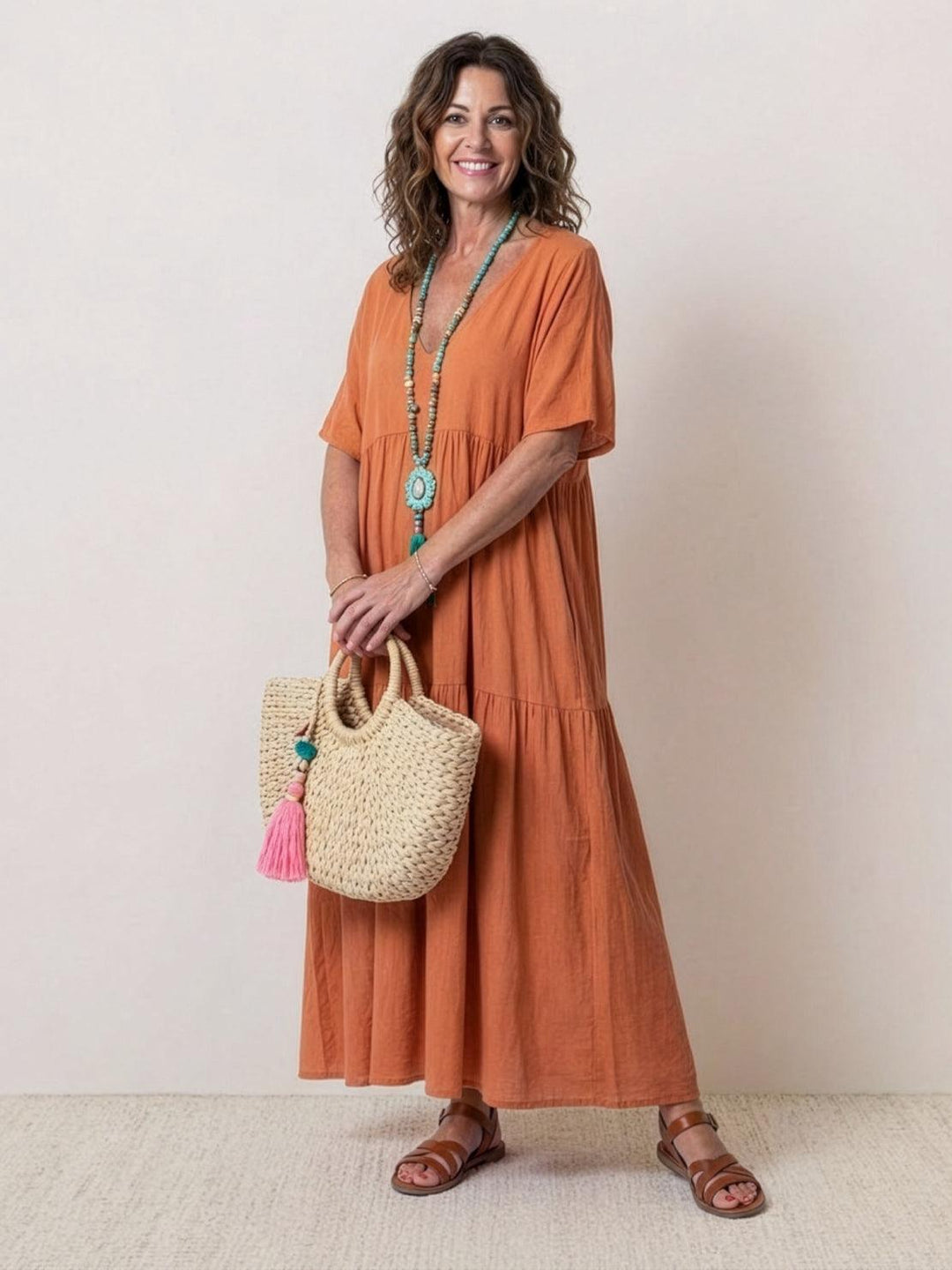 Nora | Boho Midi Dress V-Neck Tiered