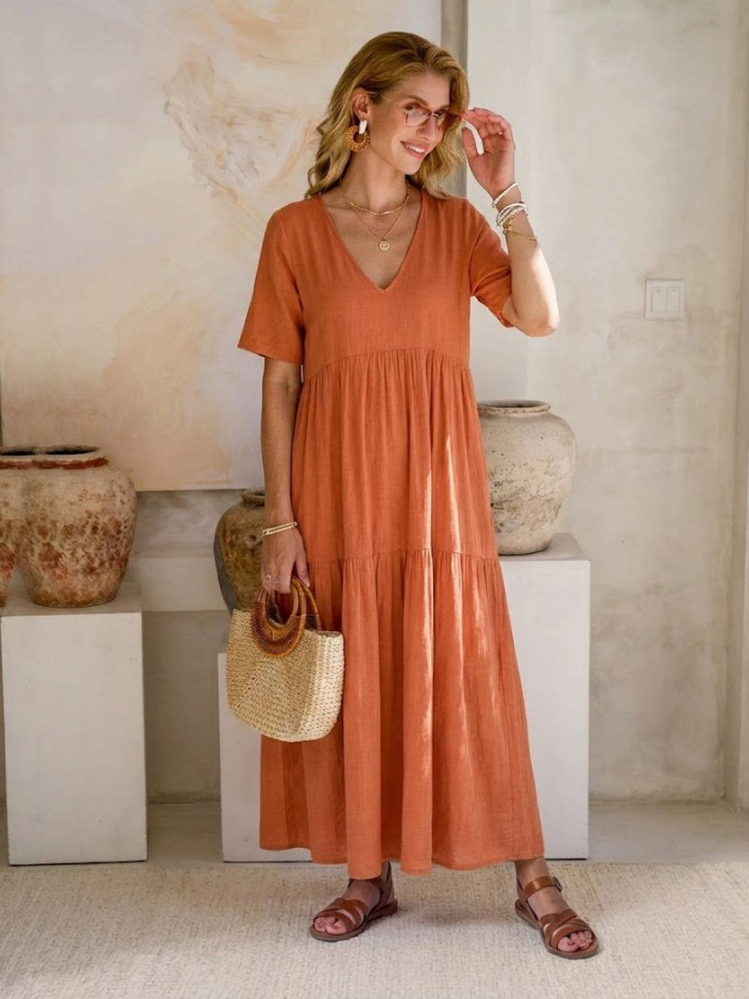 Nora | Boho Midi Dress V-Neck Tiered