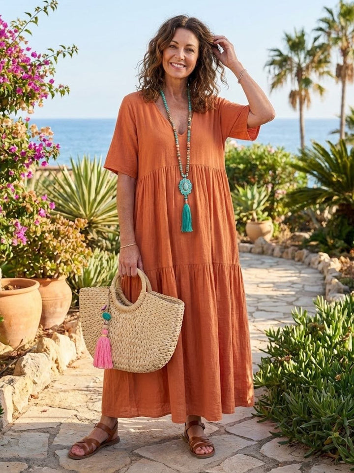 Nora | Boho Midi Dress V-Neck Tiered