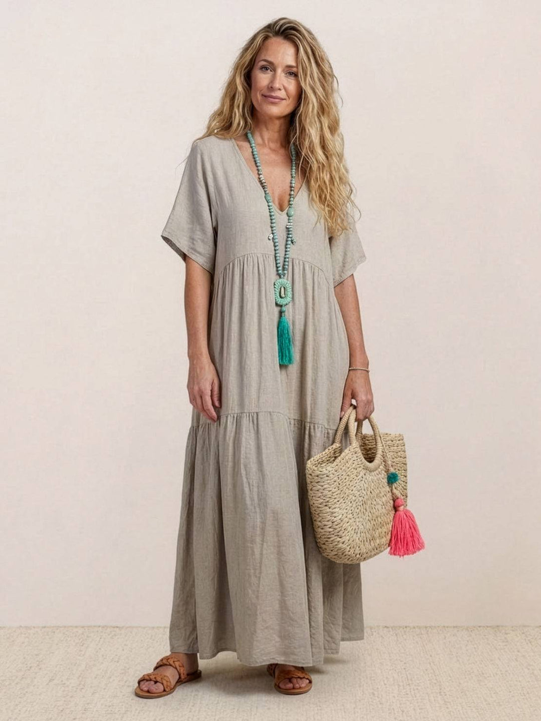 Nora | Boho Midi Dress V-Neck Tiered