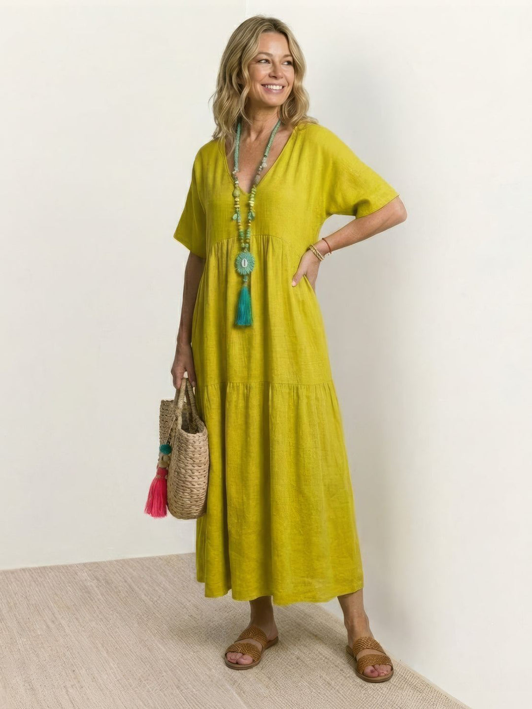 Nora | Boho Midi Dress V-Neck Tiered