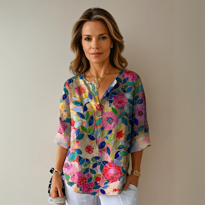 Roxy | Floral Print Blouse with V Neckline and Three Quarter Sleeves