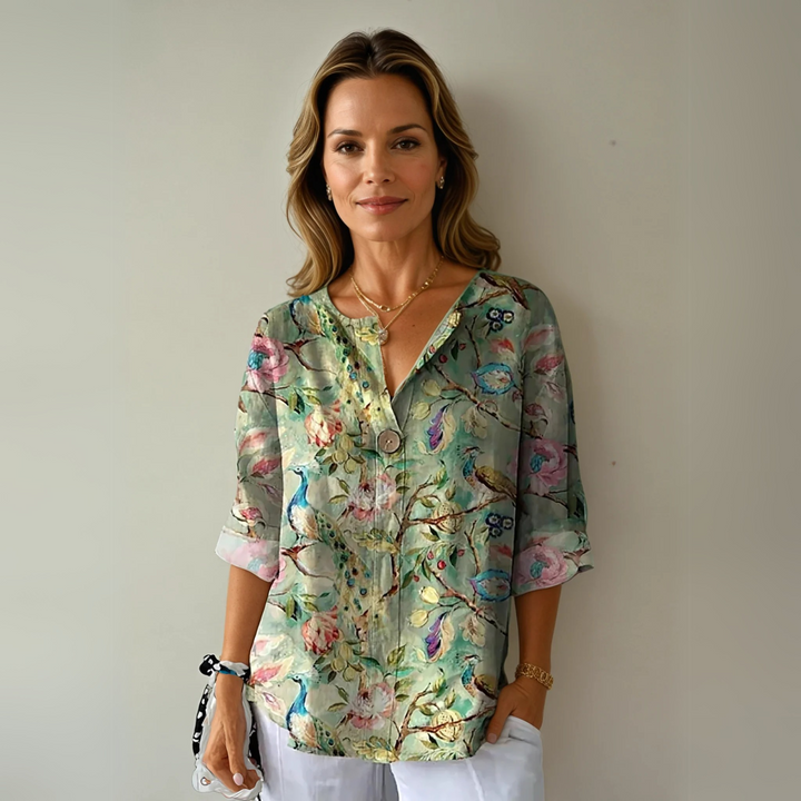 Roxy | Floral Print Blouse with V Neckline and Three Quarter Sleeves