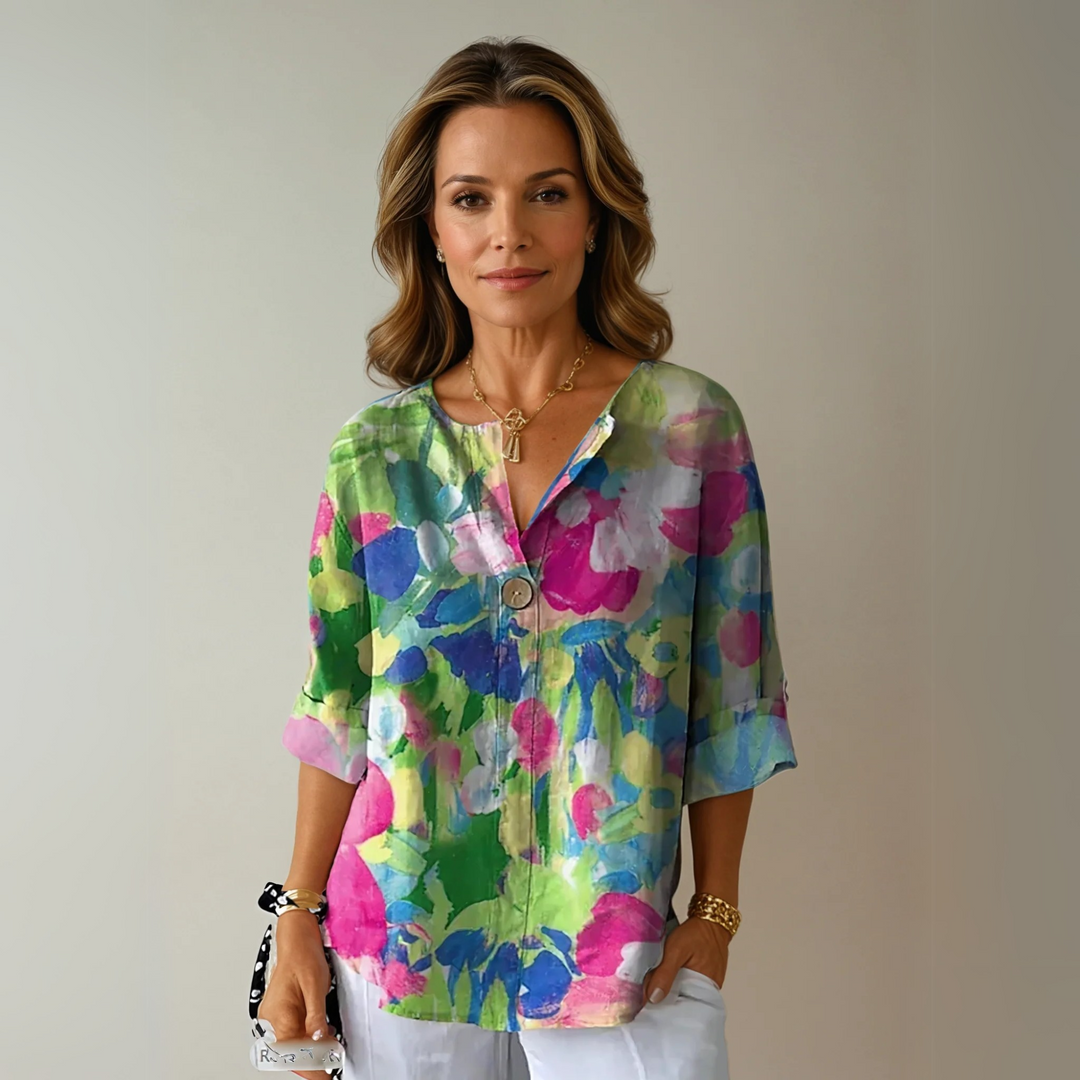 Roxy | Floral Print Blouse with V Neckline and Three Quarter Sleeves