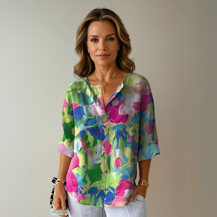 Roxy | Floral Print Blouse with V Neckline and Three Quarter Sleeves