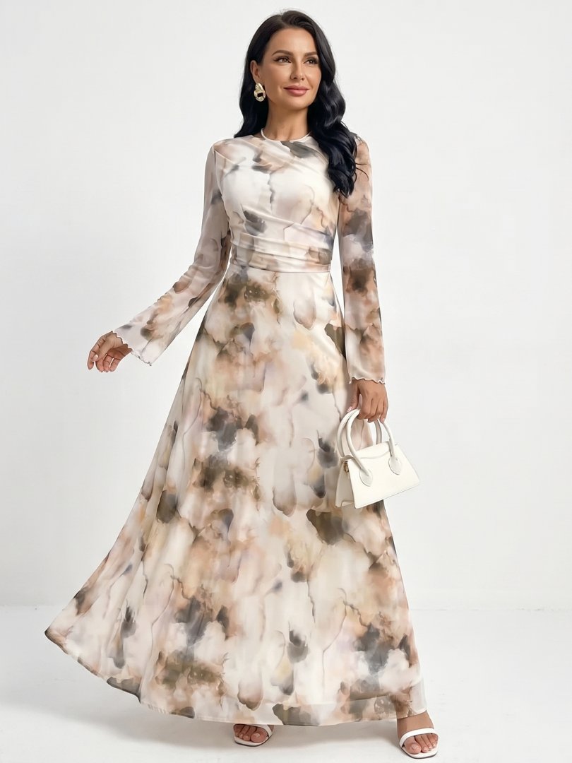 Women's Abstract Print Long Sleeve Defined Waist Maxi Dress Hero