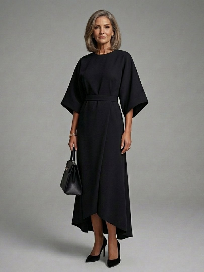 Women's Cape Sleeve Midi Dress | Waist Defined with Asymmetric Hem Hero
