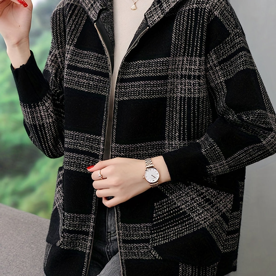 Women's Checked Hooded Jacket | Zip Up Relaxed Fit Hero