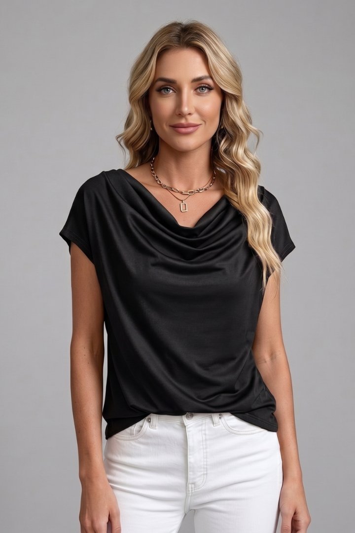 Women's Cowl Neck Blouse with Draped Front Angle