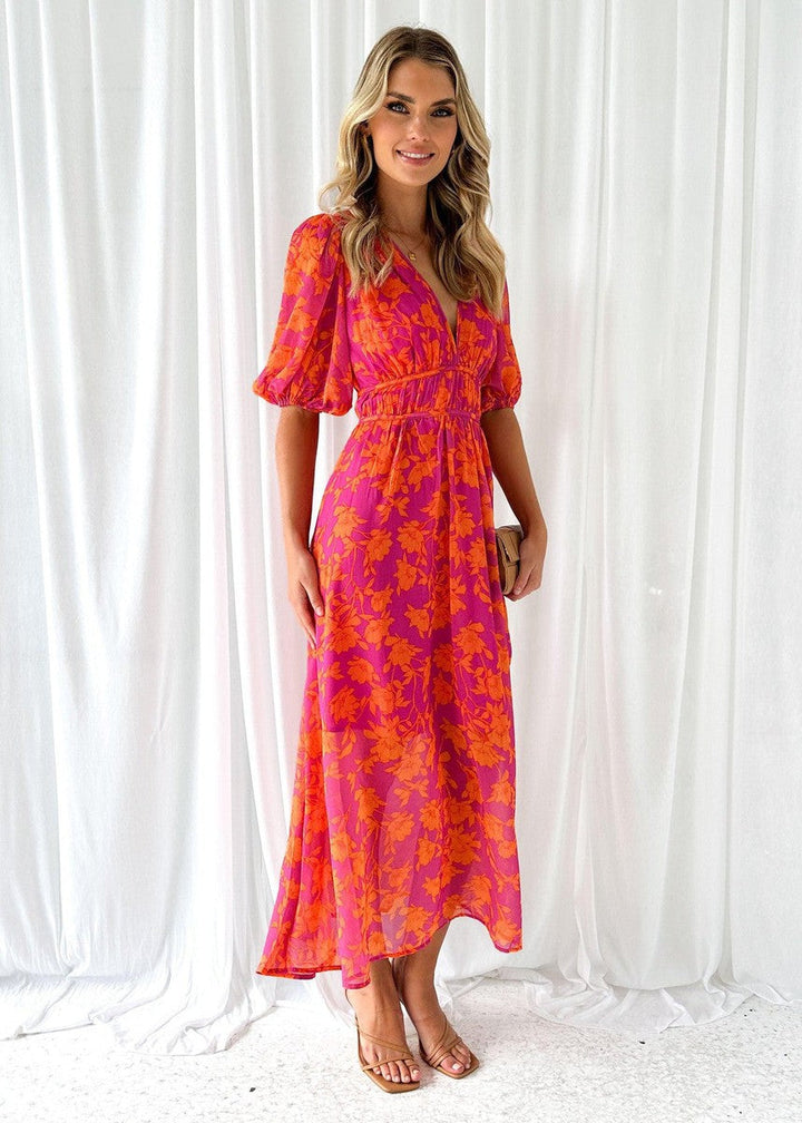 Isabella | Maxi Wedding Guest Dress with Floral Print and Puff Sleeves