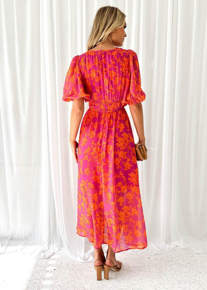 Isabella | Maxi Wedding Guest Dress with Floral Print and Puff Sleeves