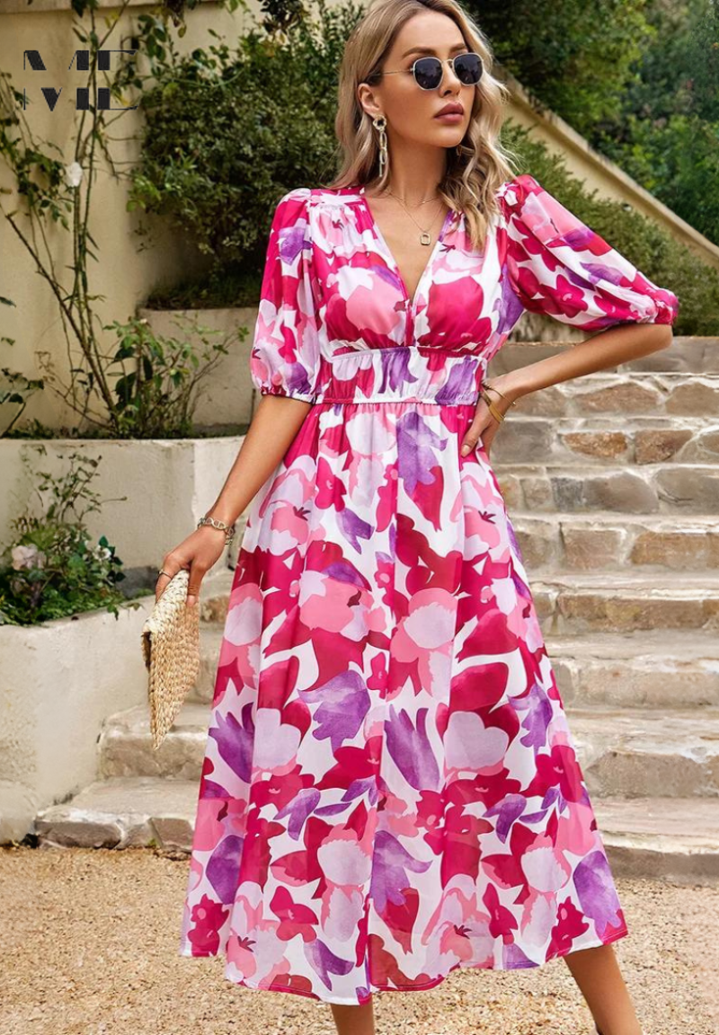 Jasmine | Midi Wedding Guest Dress with Floral Print and Pleated Skirt