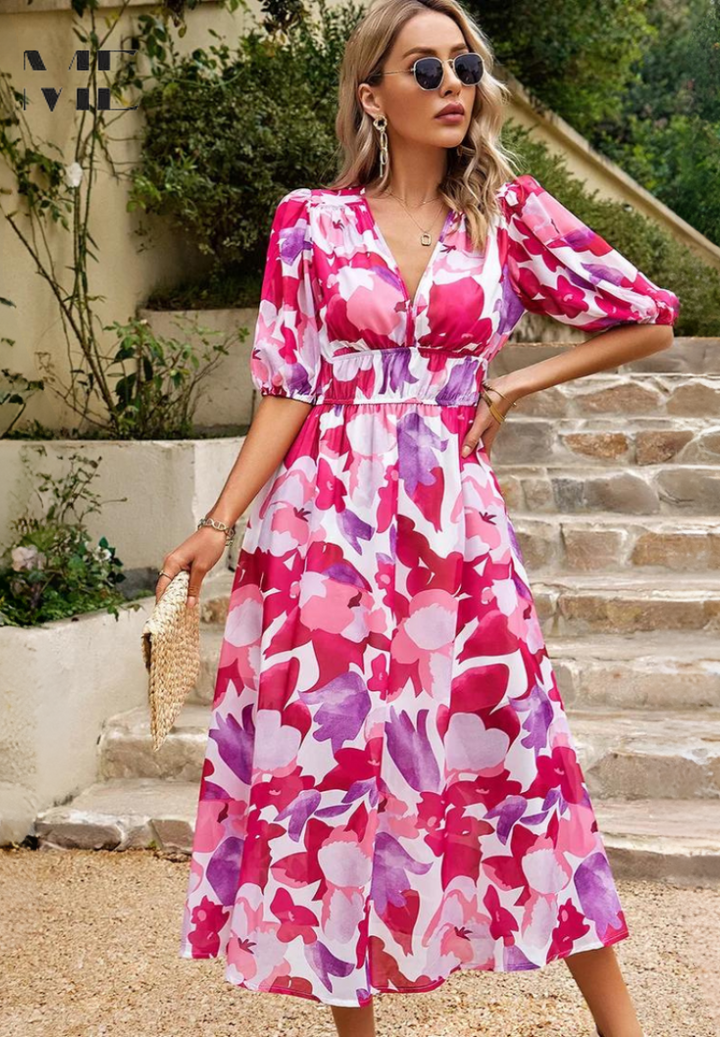Jasmine | Midi Wedding Guest Dress with Floral Print and Pleated Skirt