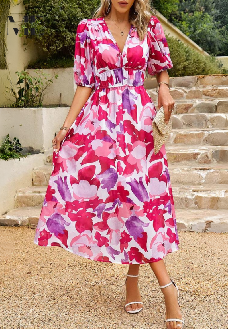 Jasmine | Midi Wedding Guest Dress with Floral Print and Pleated Skirt