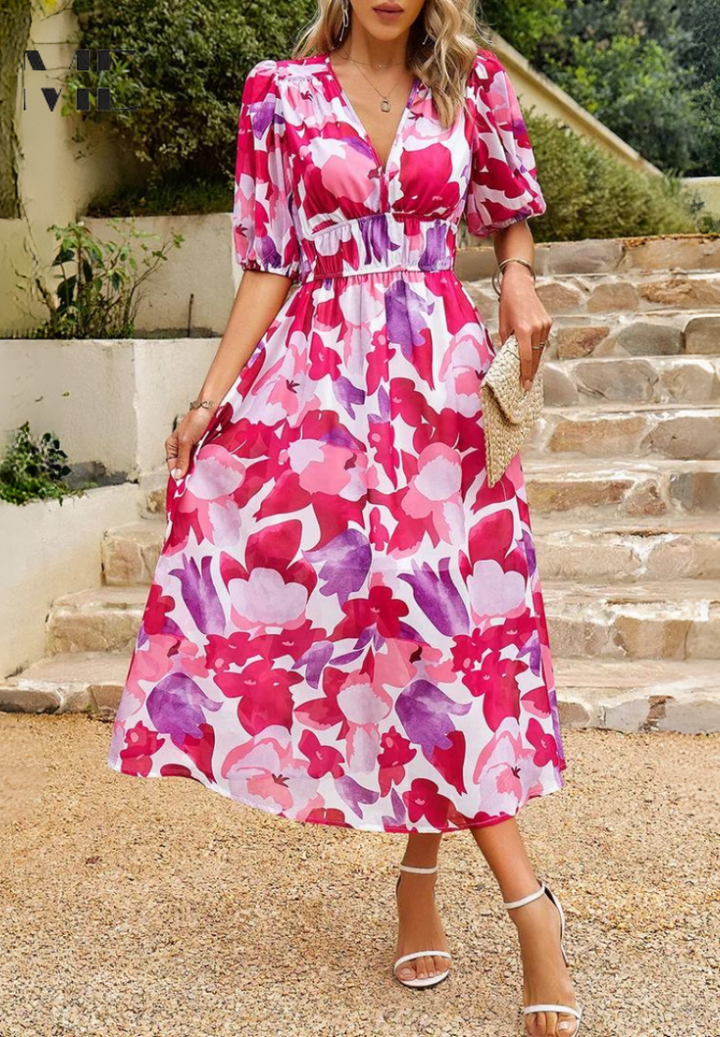 Jasmine | Midi Wedding Guest Dress with Floral Print and Pleated Skirt