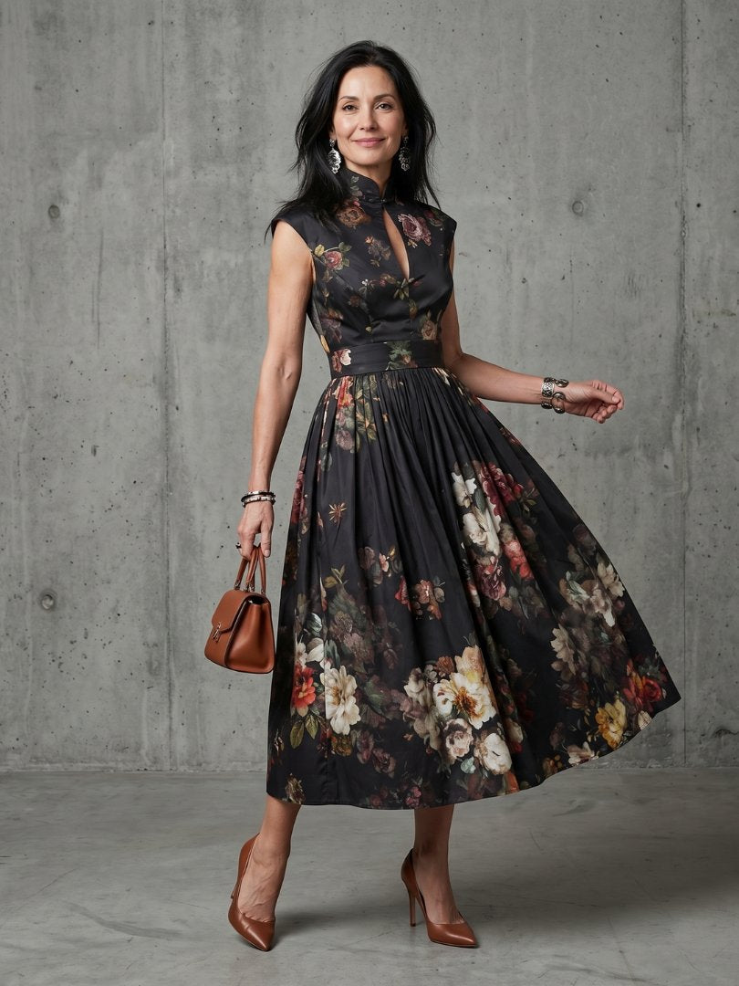 Women's High Neck Keyhole Floral Pleated Midi Dress Hero
