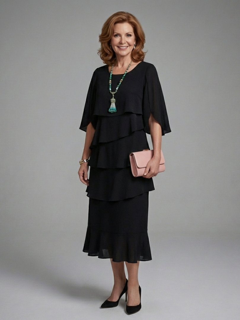 Women's Layered Cape Sleeve Midi Dress with Soft Drape Hero