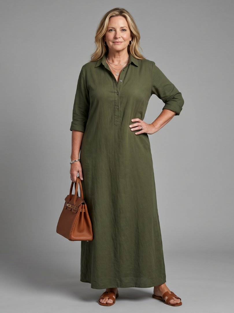 Women's Long Sleeve Relaxed Silhouette Maxi Dress with Collar Hero