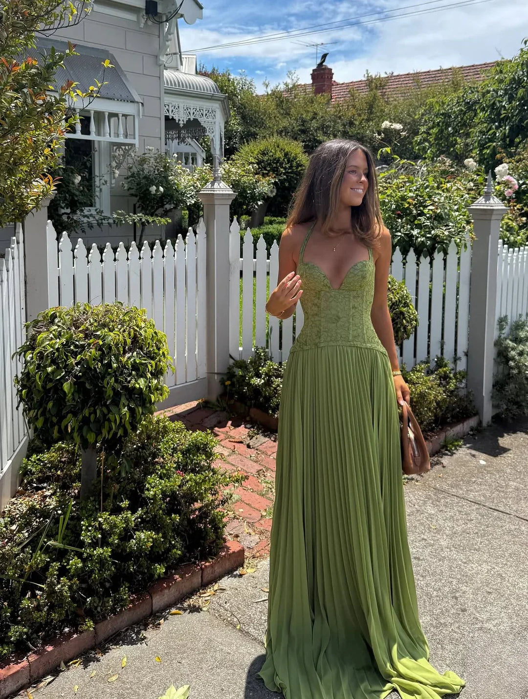 Alice | Maxi Halter Neck Dress with Corset Bodice and Pleated Skirt