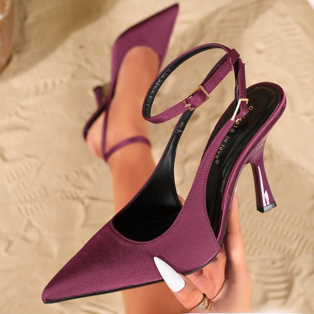 Women's Satin Pointed Toe Heels | Ankle Strap with Slim Heel Side