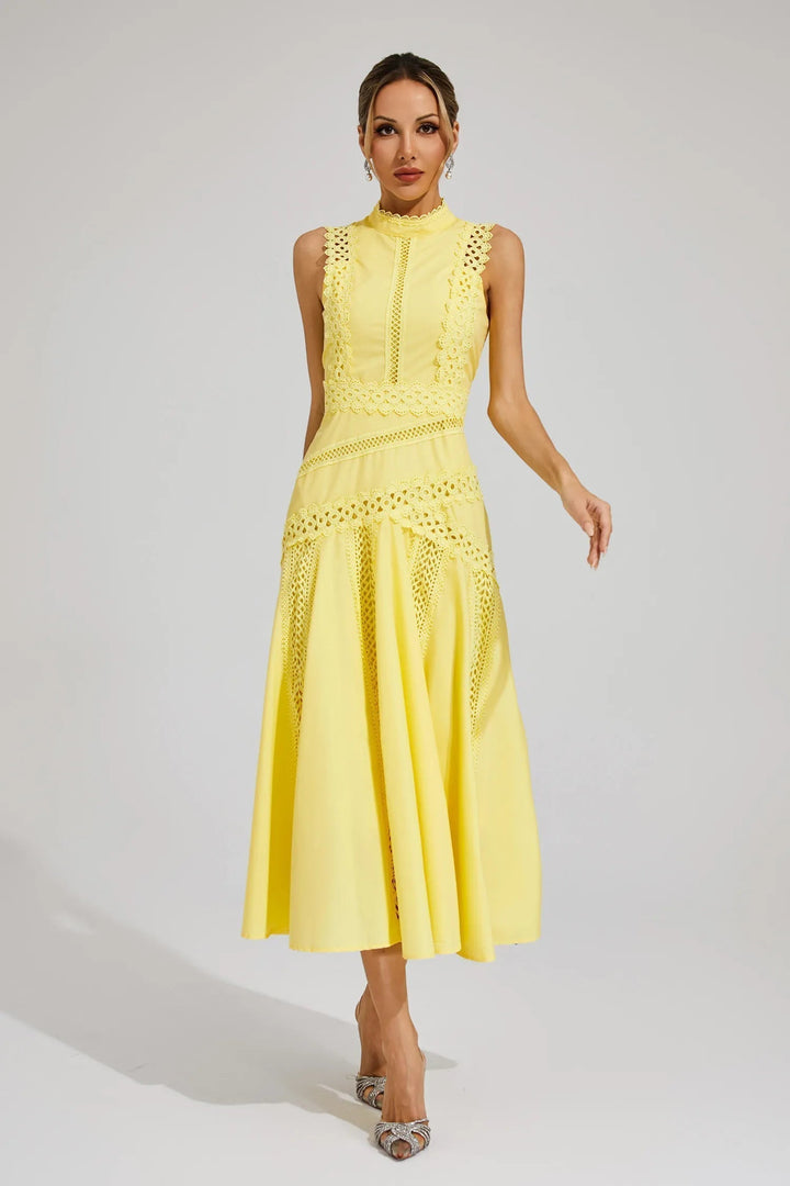 Caroline | Midi Wedding Guest Dress with Embroidered Detail and Mock Neck