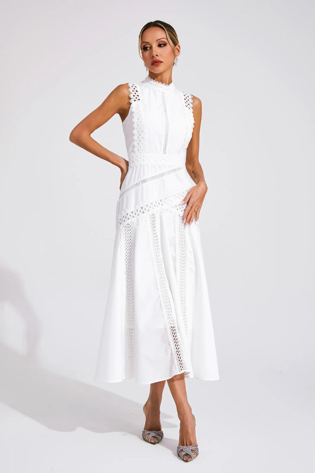 Caroline | Midi Wedding Guest Dress with Embroidered Detail and Mock Neck