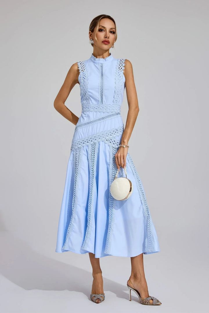 Olivia | Midi Wedding Guest Dress with High Neck and Cutwork Detail